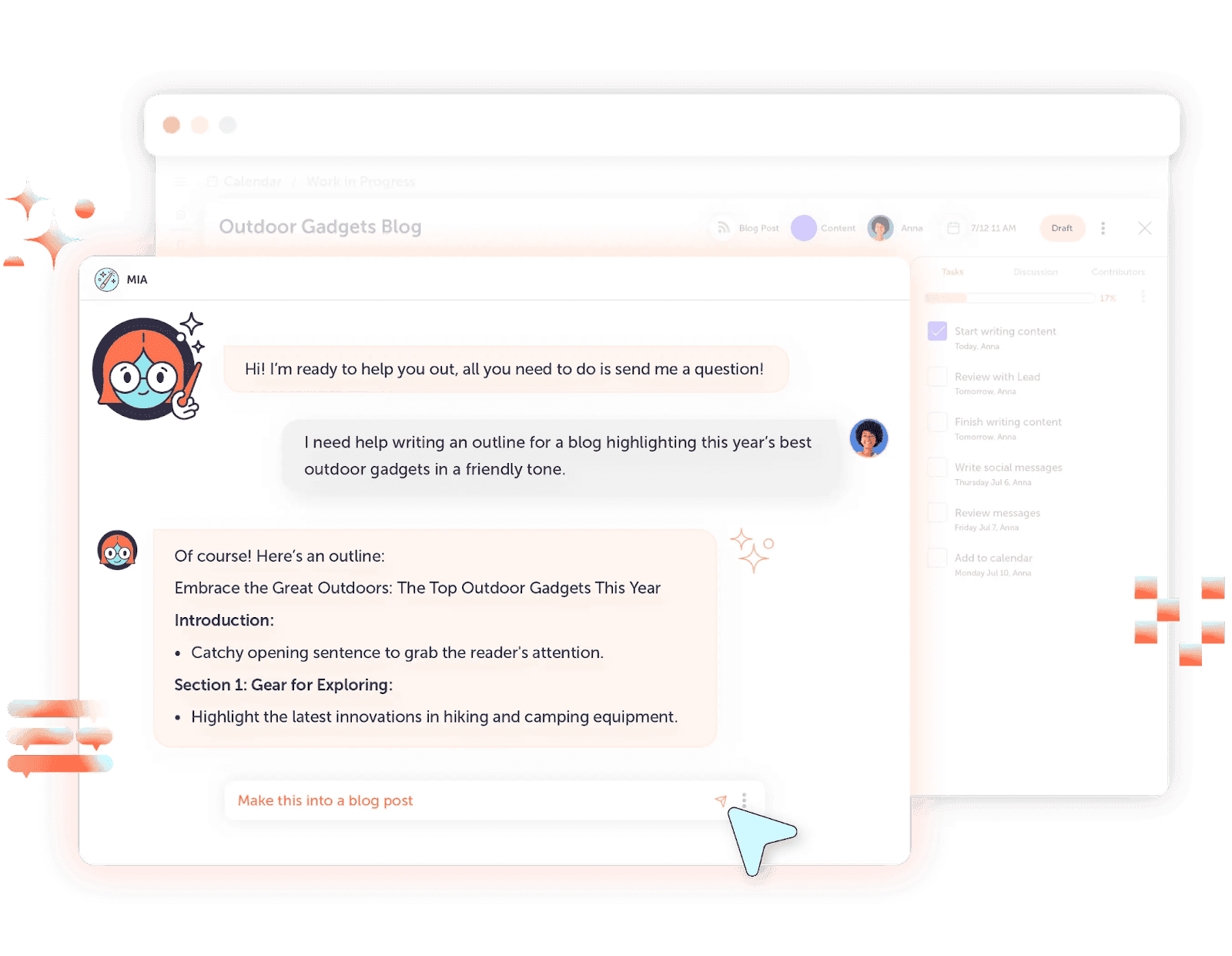 CoSchedule's AI-powered marketing assistant, Mia. Examples of prompts and responses 