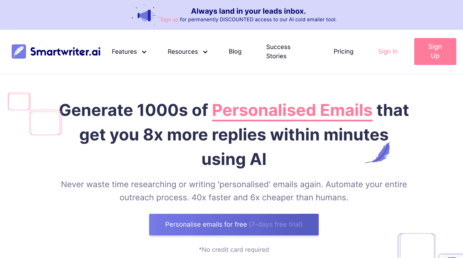 Smartwriter webpage - Generate thousands of personalized emails that get you 8x more replies within minutes using AI