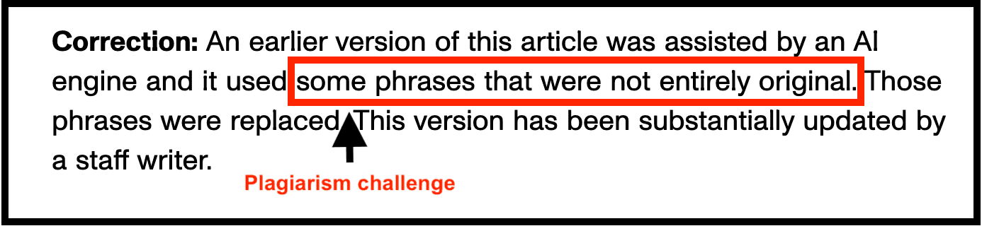 Example of AI plagiarism - an earlier version of an article was assisted by an AI engine and it used some phrases that were not entirely original