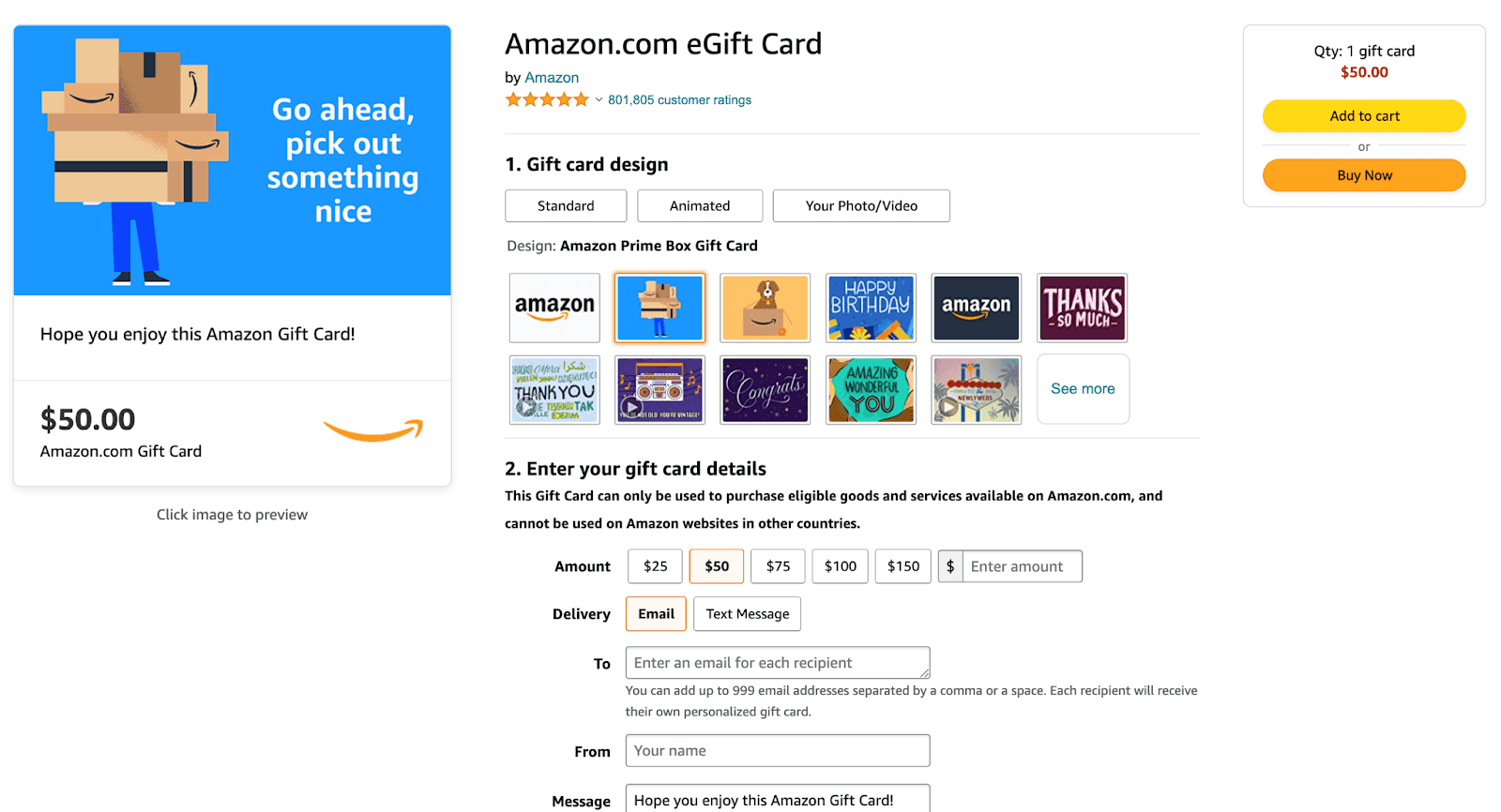 Screenshot of Amazon's website listing of an Amazon gift card