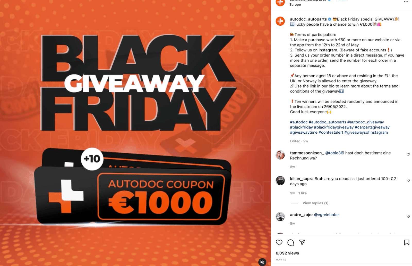 Red and black Instagram post by Autodoc for Black Friday giveaway