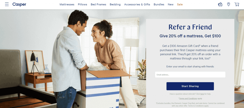 Screenshot of Casper's "Refer a friend, give 20% off a mattress, get 100 dollars" webpage