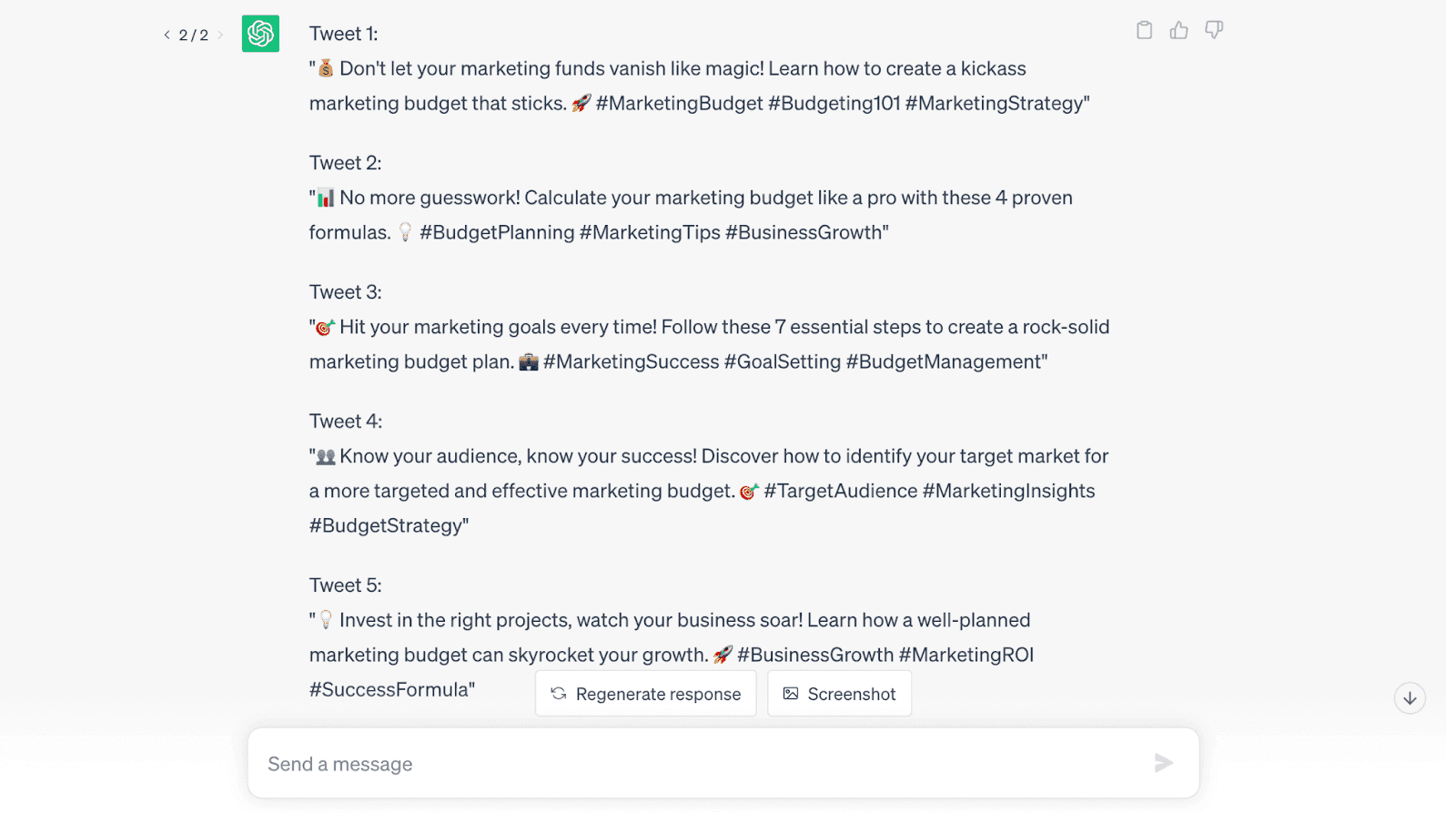 ChatGPT response to tweet prompt which has 5 tweet examples