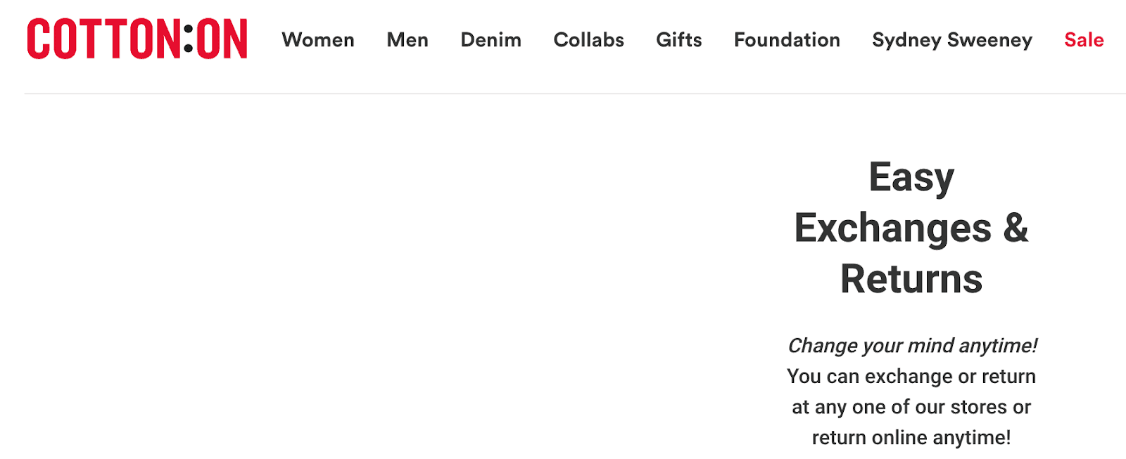 Screen shot of Cotton On's return policy - easy exchanges & returns