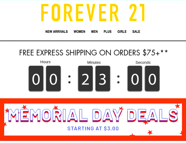 Forever 21 countdown clock offering free express shipping on orders over 75 dollars