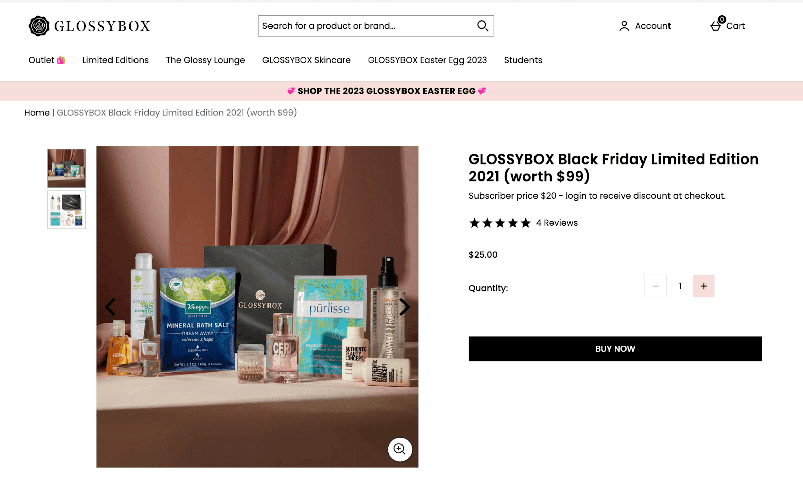 Screenshot of GLOSSYBOX limited edition Black Friday product listing