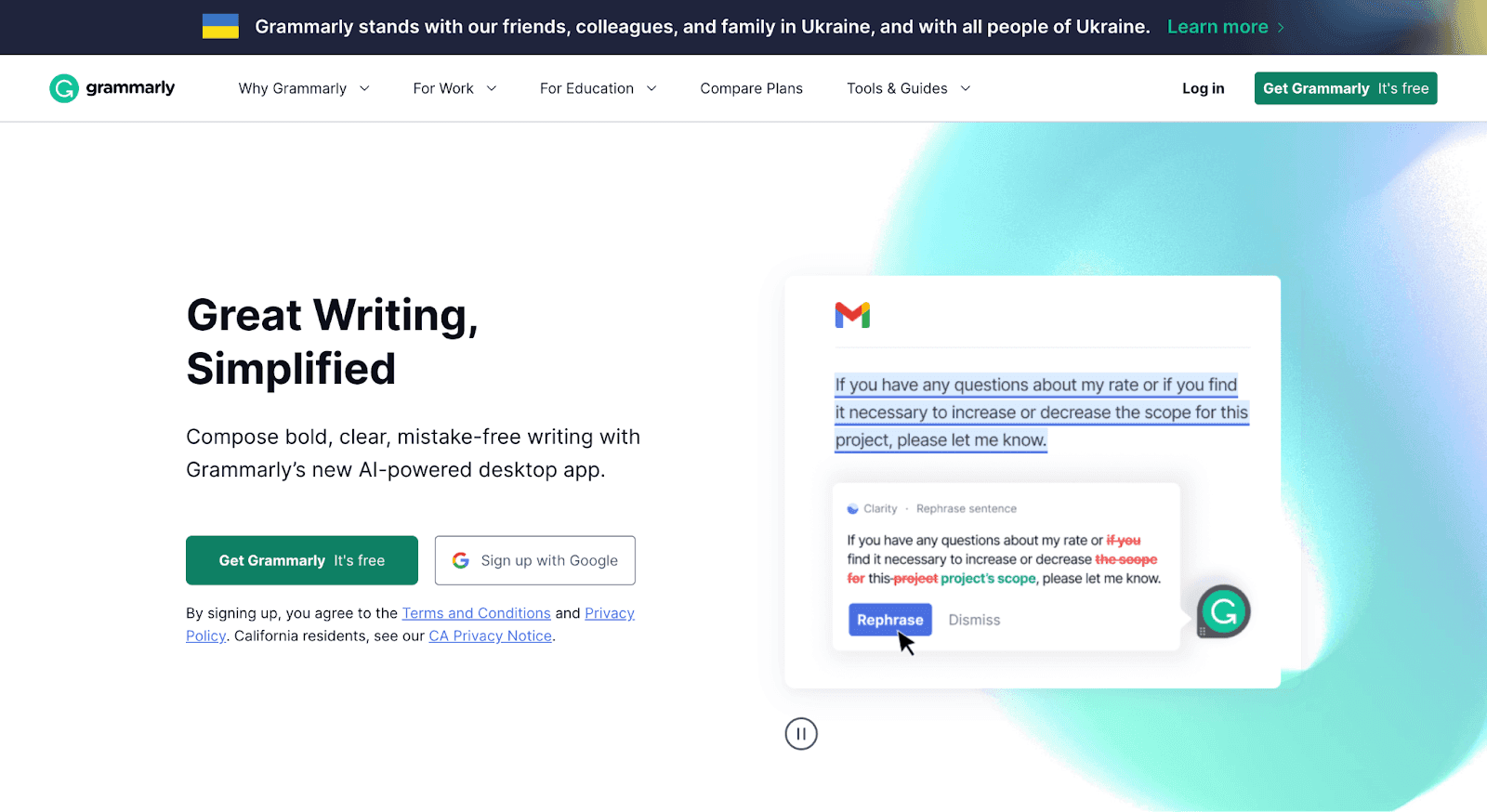 Grammarly signup page - Great Writing, Simplified