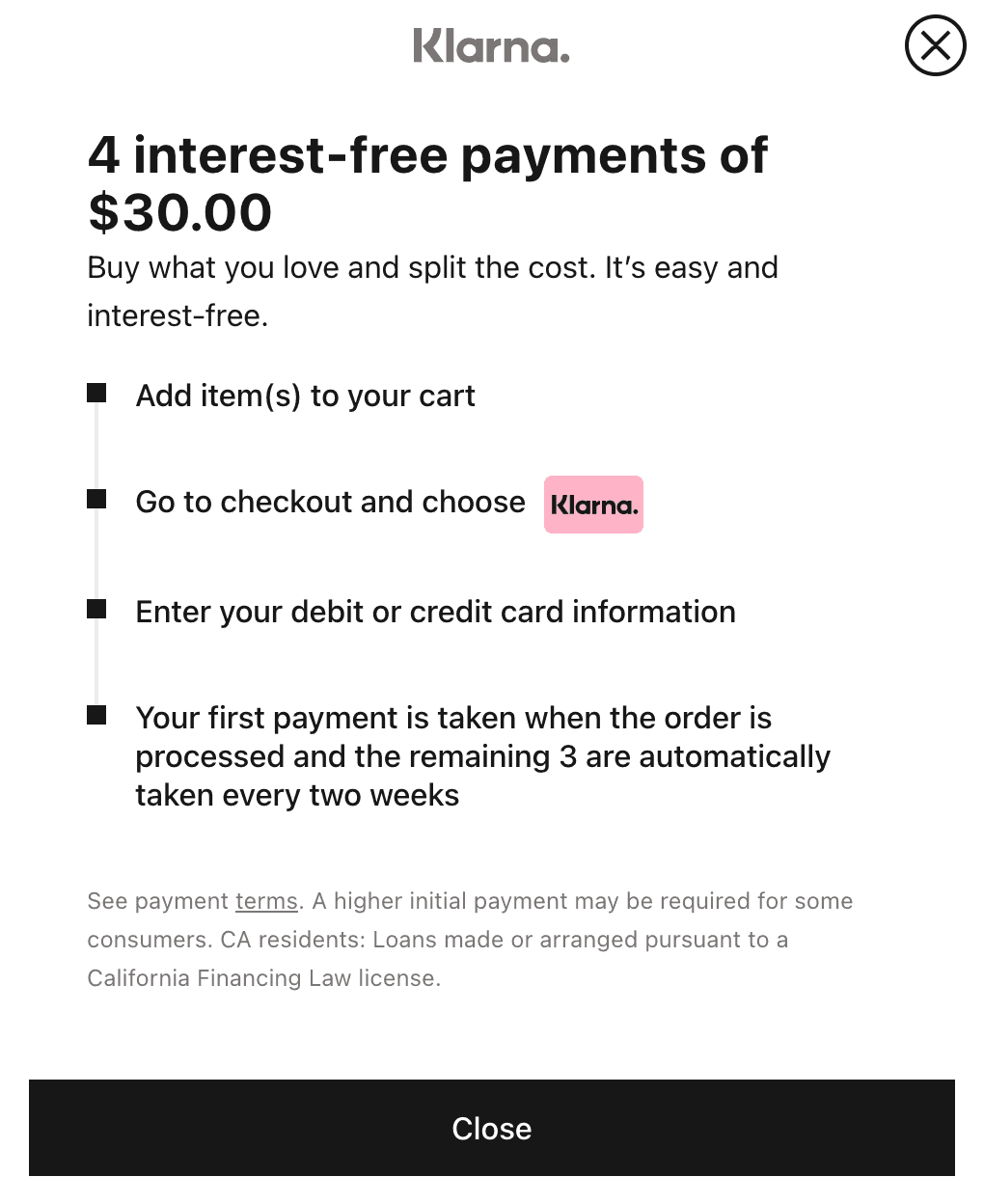 4 interest-free payments of 30 dollars - Klarna popup