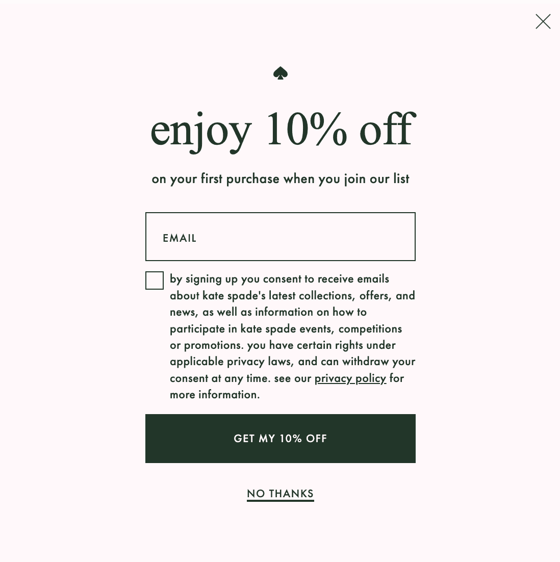 Kate Spade enjoy 10% off when signing up for email list