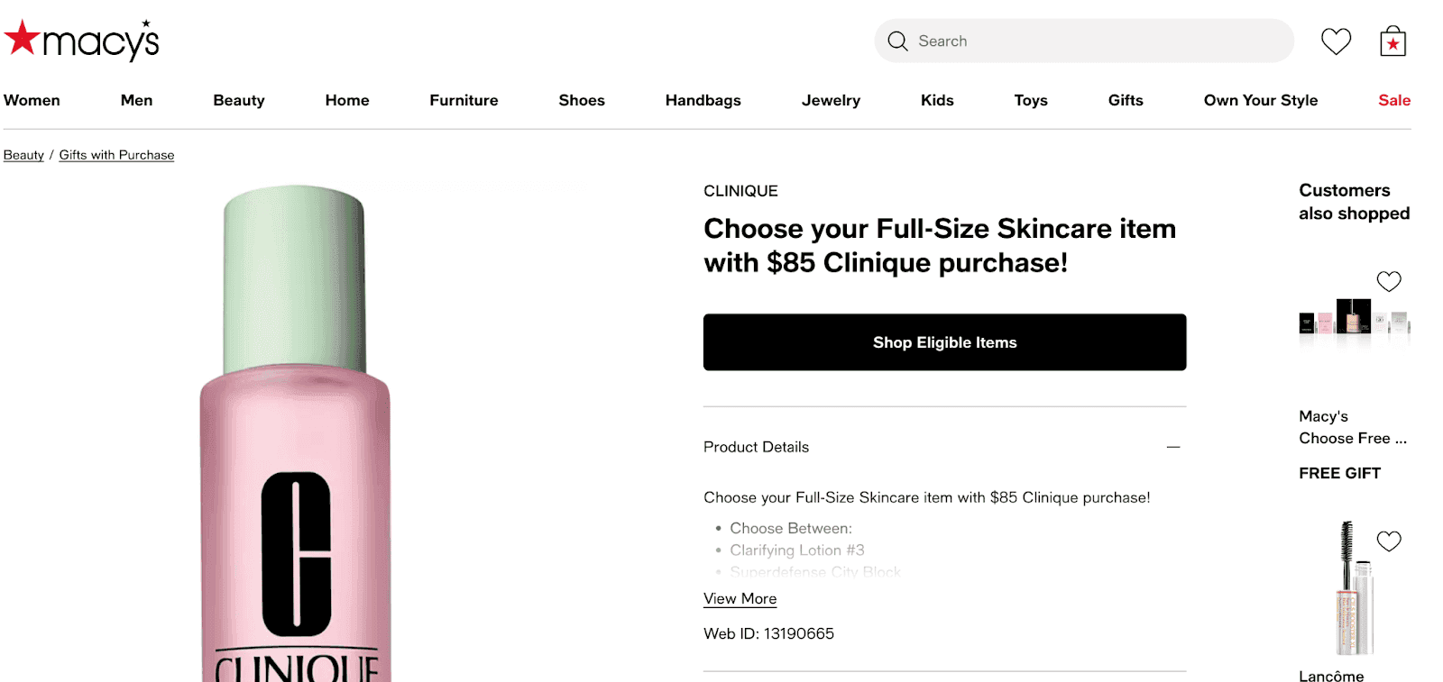 Screenshot of Macy's Clinique product "gift with purchase" deal