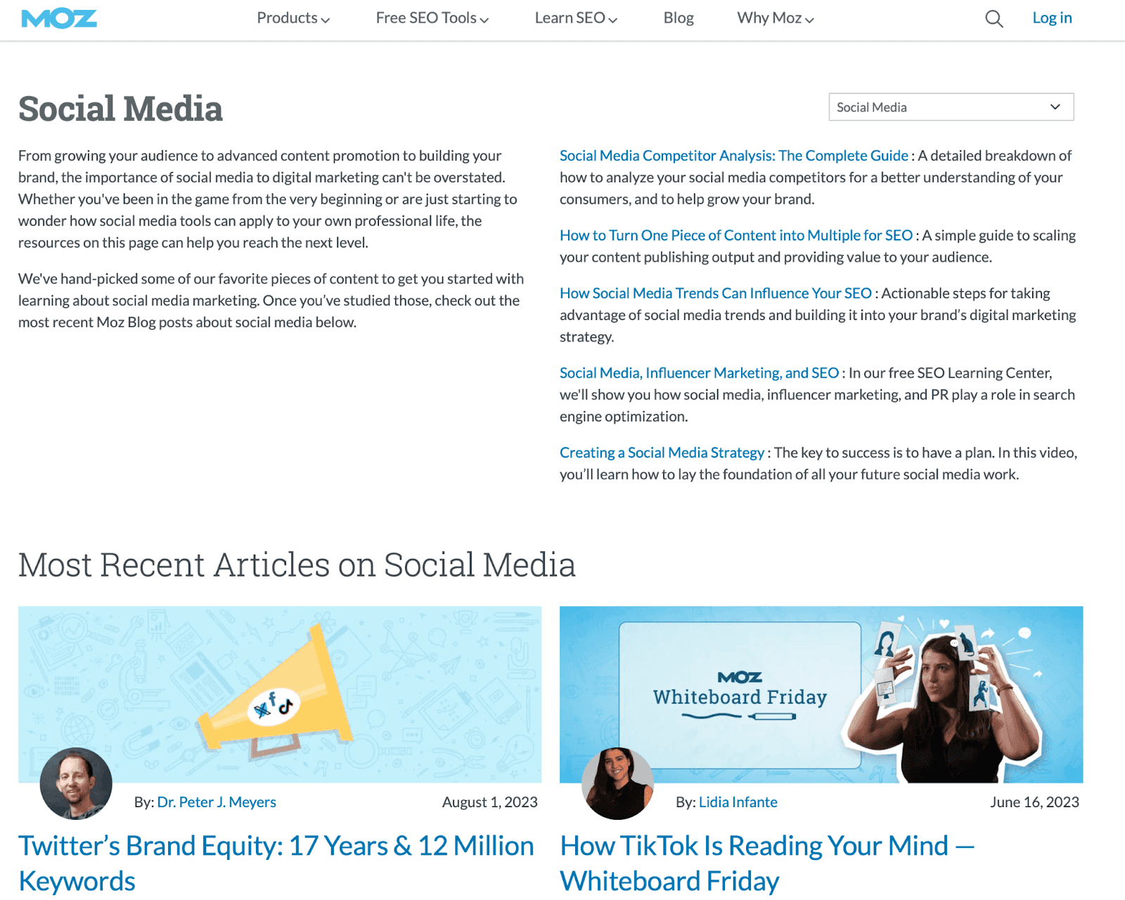 MOZ blog webpage - Social media blog posts with description of social media