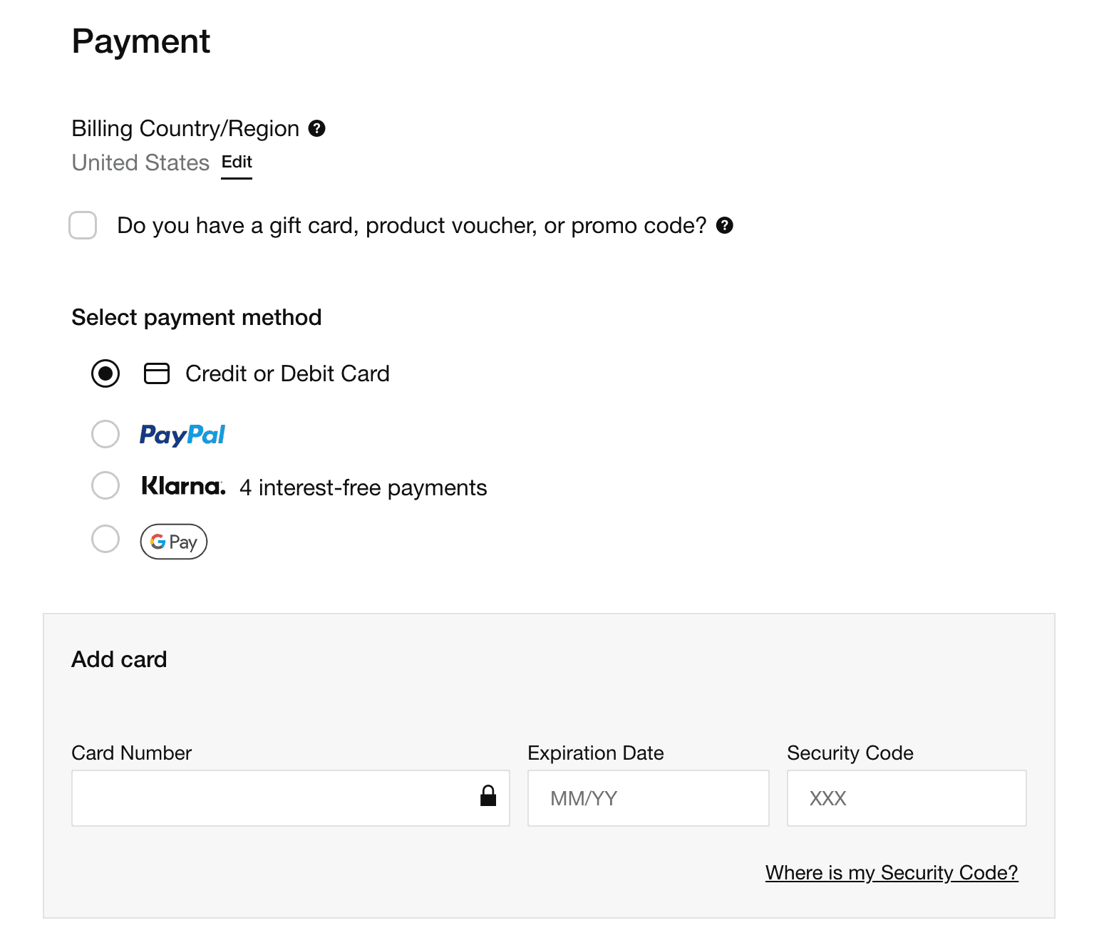 Nike payment method - Credit or Debit Card, PayPal, Klarna, Google Pay
