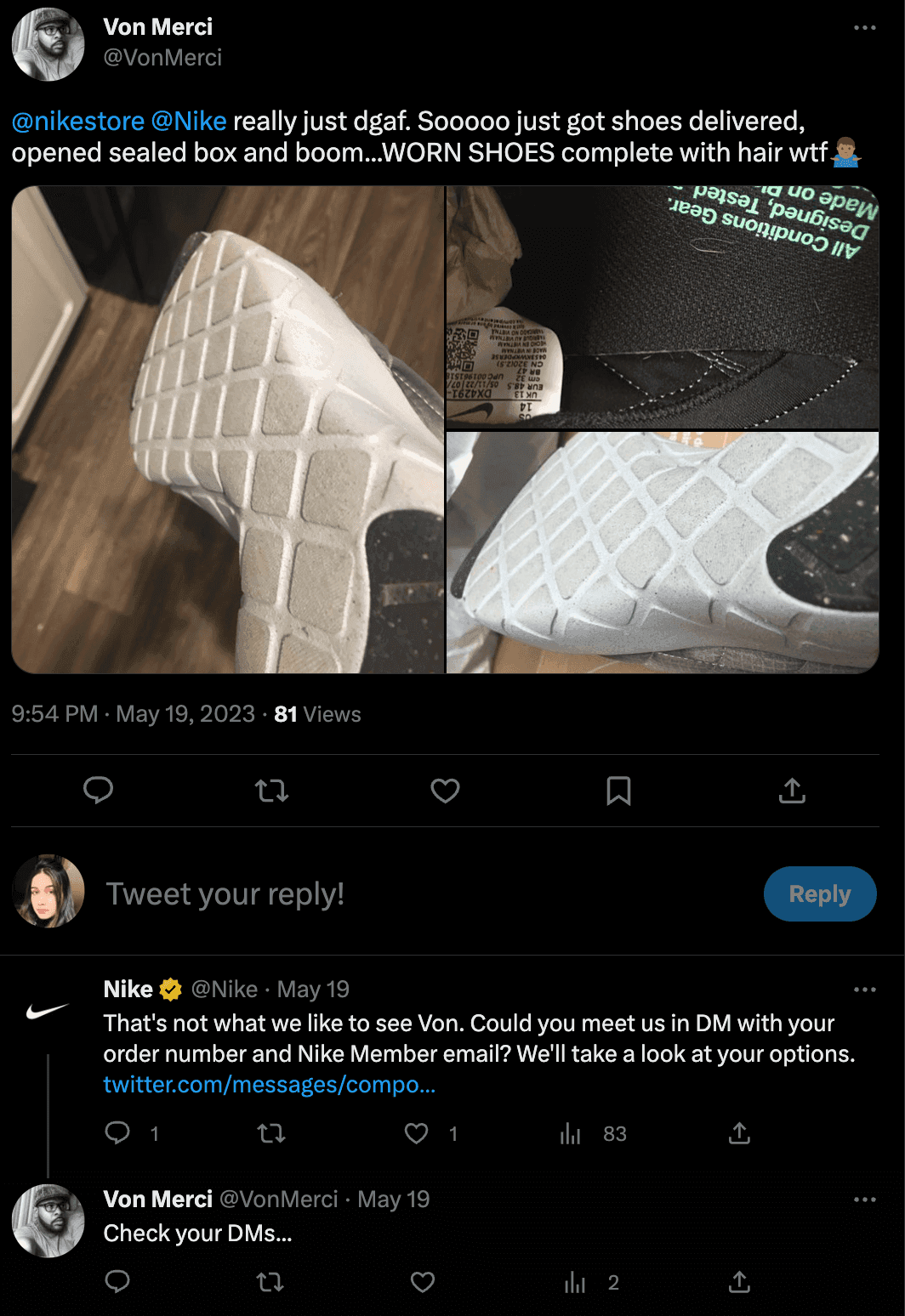 Screenshot of tweet from angry customer about getting shoes in poor condition - Nike responds by asking them to message them