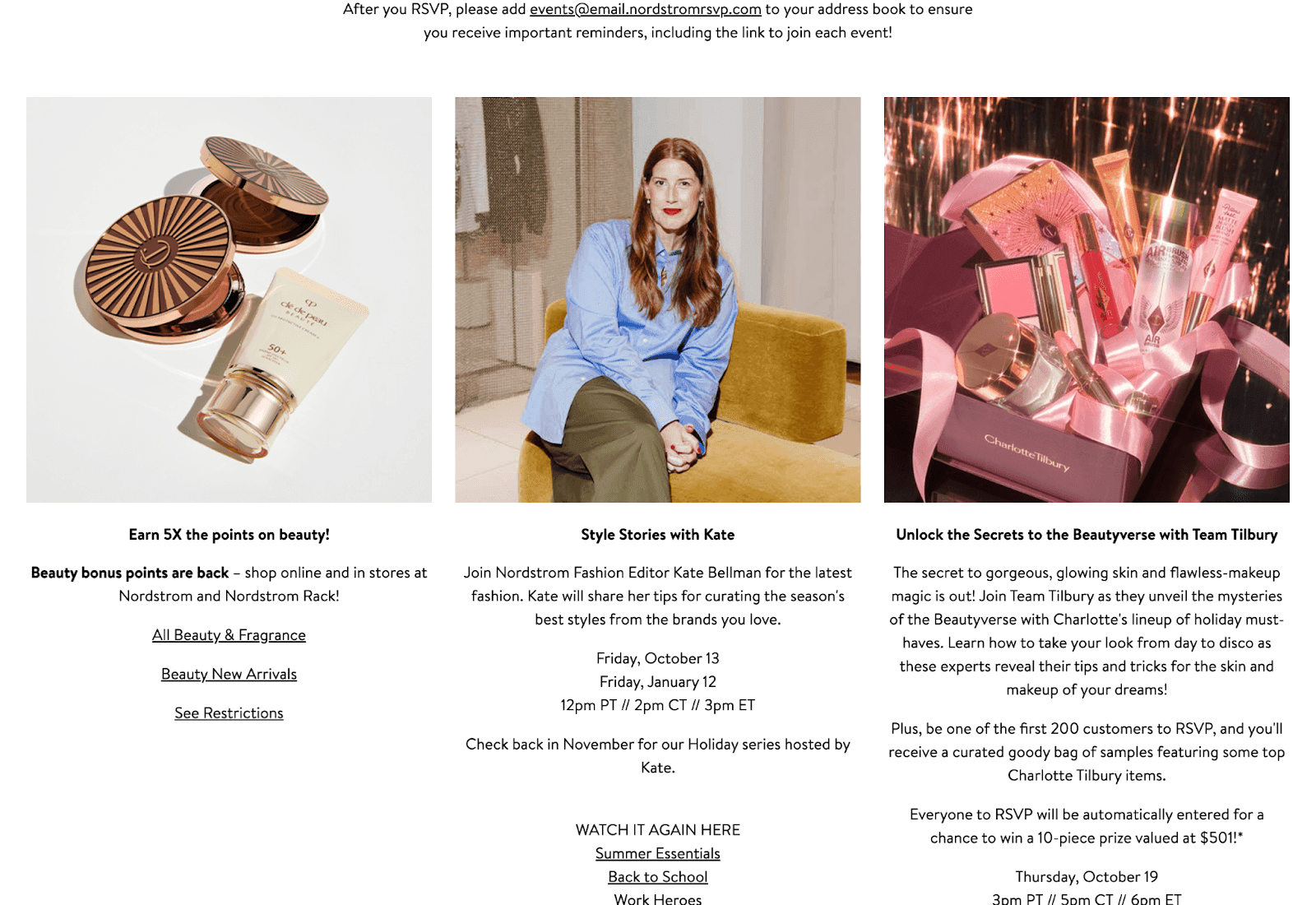 Screenshot of Nordstrom website - View upcoming virtual events