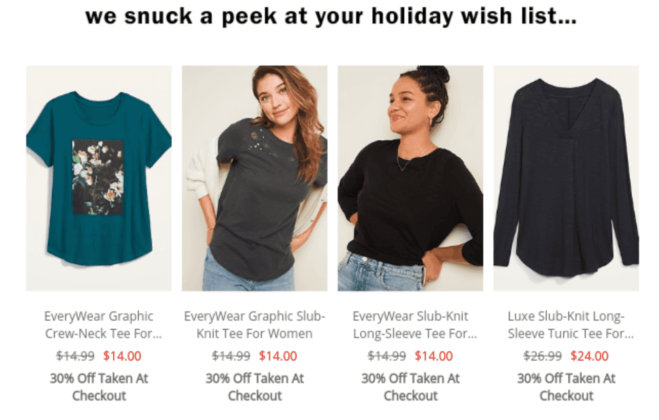Screenshot of Old Navy personalization based off holiday wish list
