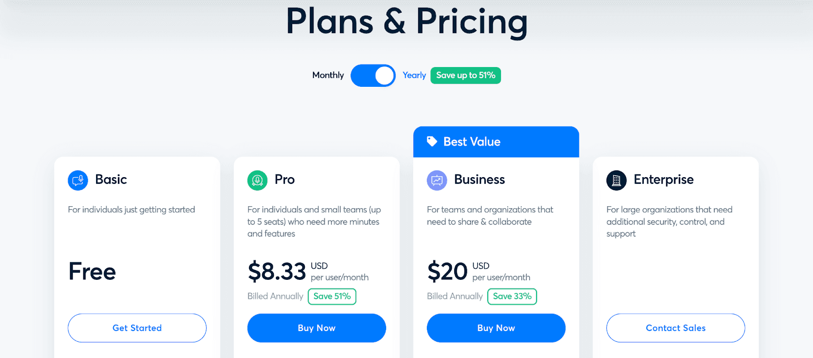 otter.ai plans and pricing webpage - Basic, Pro, Business, Enterprise