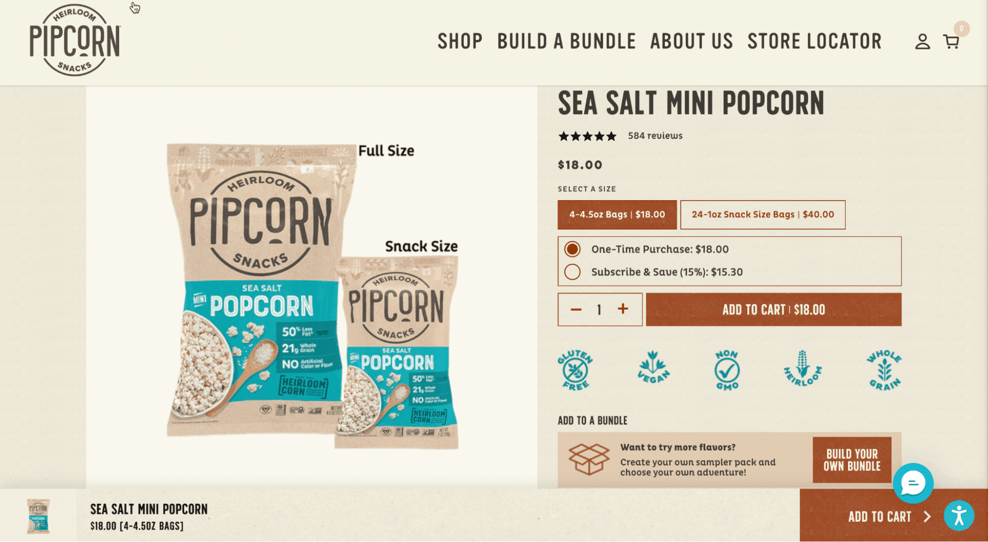 Sea salt mini popcorn product page from Pipcorn