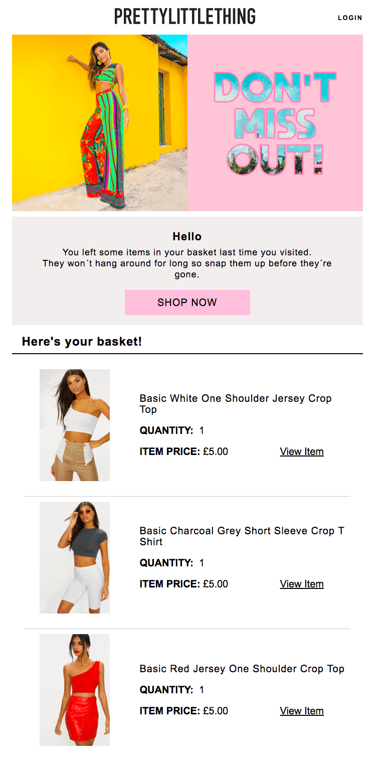 Screenshot of Pretty Little Thing email reminding customer of their items in cart