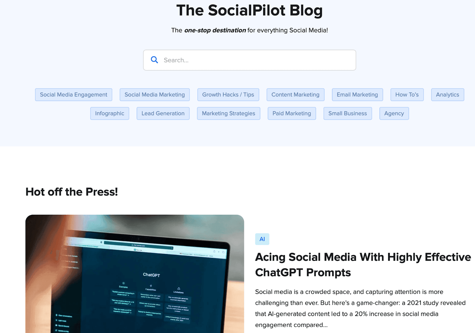 The SocialPilot Blog - the one-stop destination for everything social media - search bar with prompts below