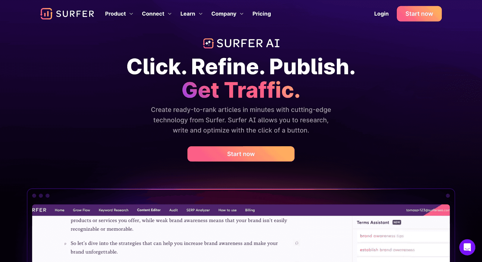 Surfer AI website - Click. Refine. Publish. Get traffic. 