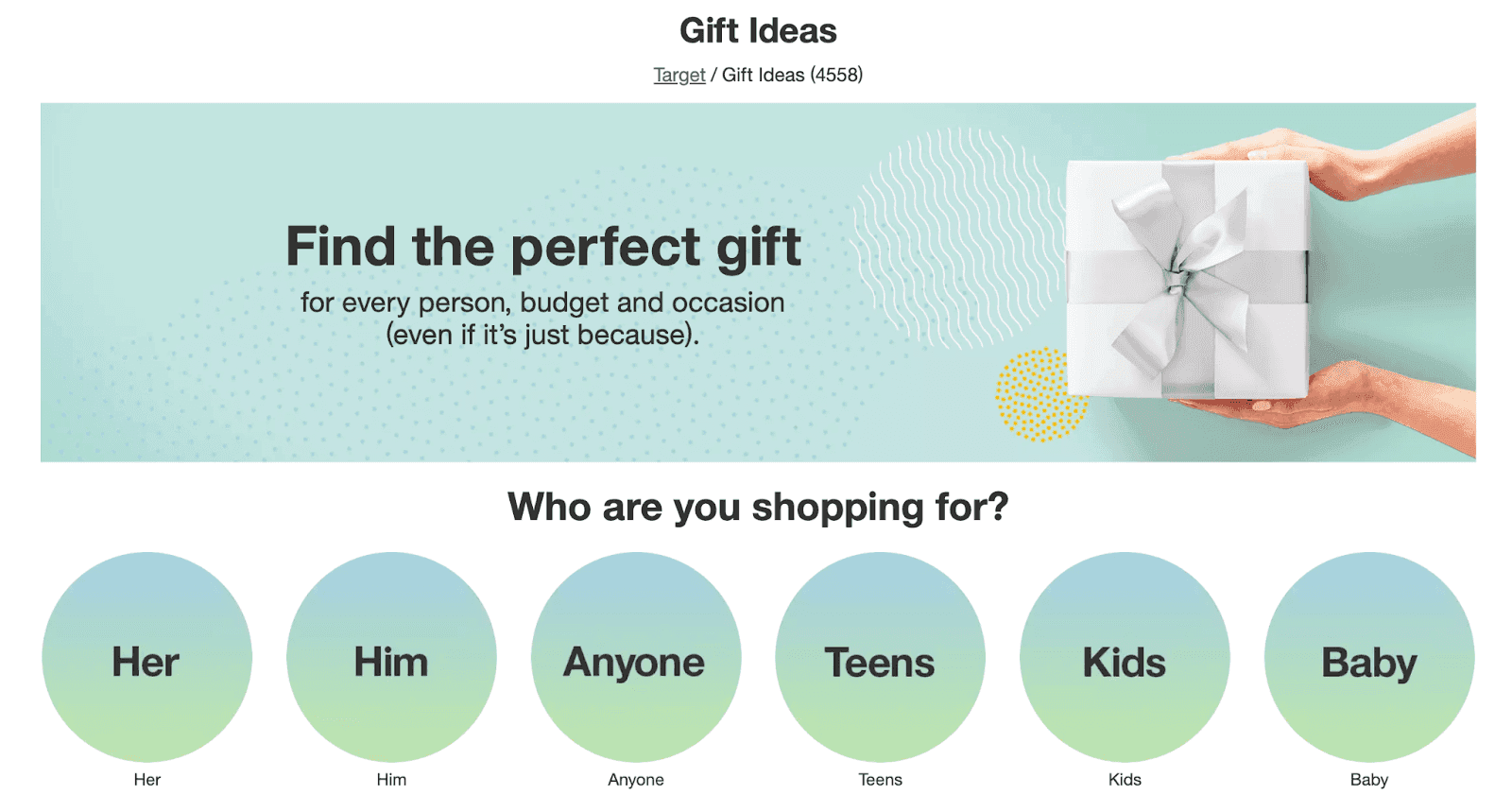 Screenshot of Target's gift guide - "find the perfect gift" webpage