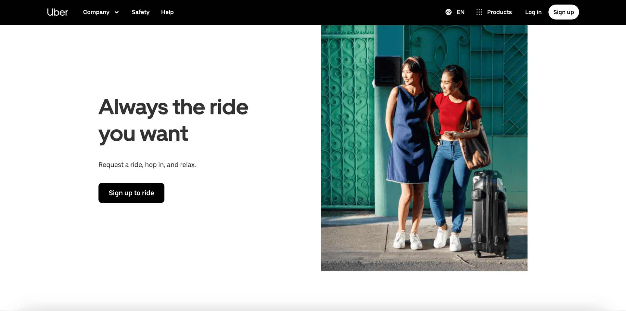Uber signup webpage with the header "Always the ride you want"