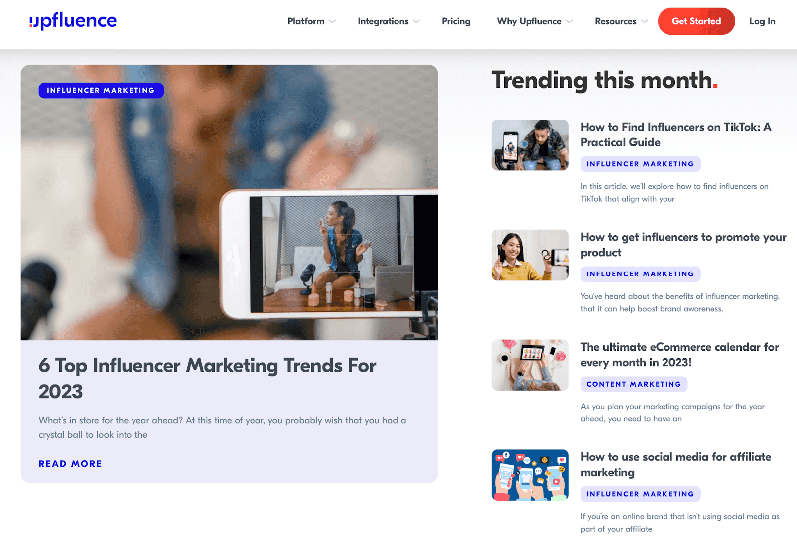 Upfluence blog page - 6 top influencer marketing trends for 2023