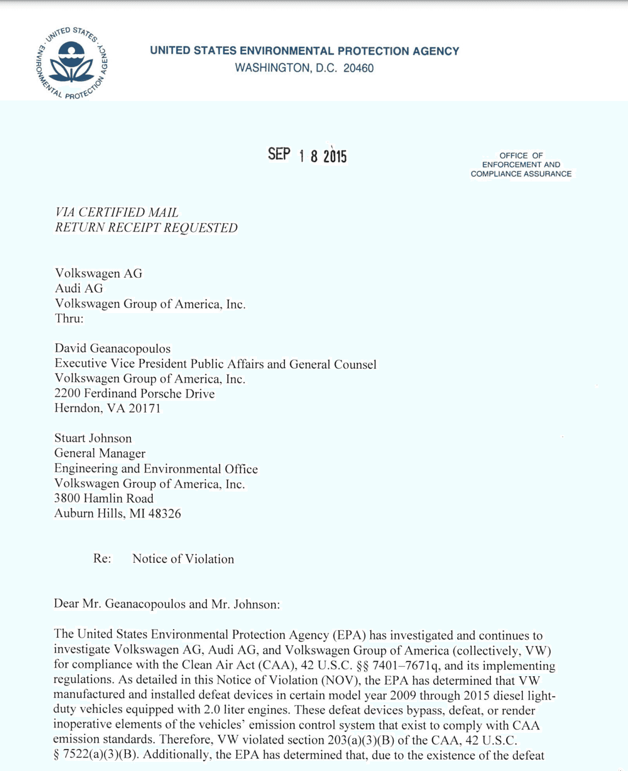 Letter from United States Environmental Protection agency notifying Volkswagen of violation