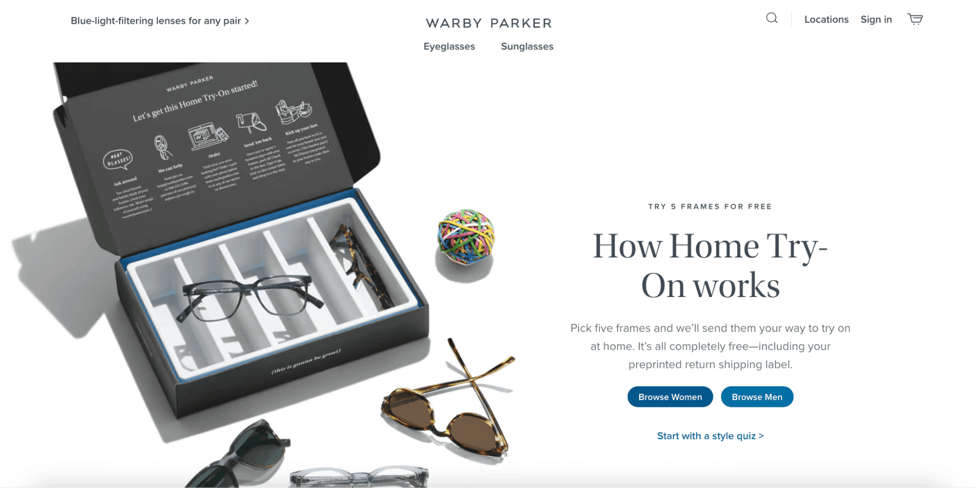 Screenshot of Warby Parker webpage explaining how home try-on works