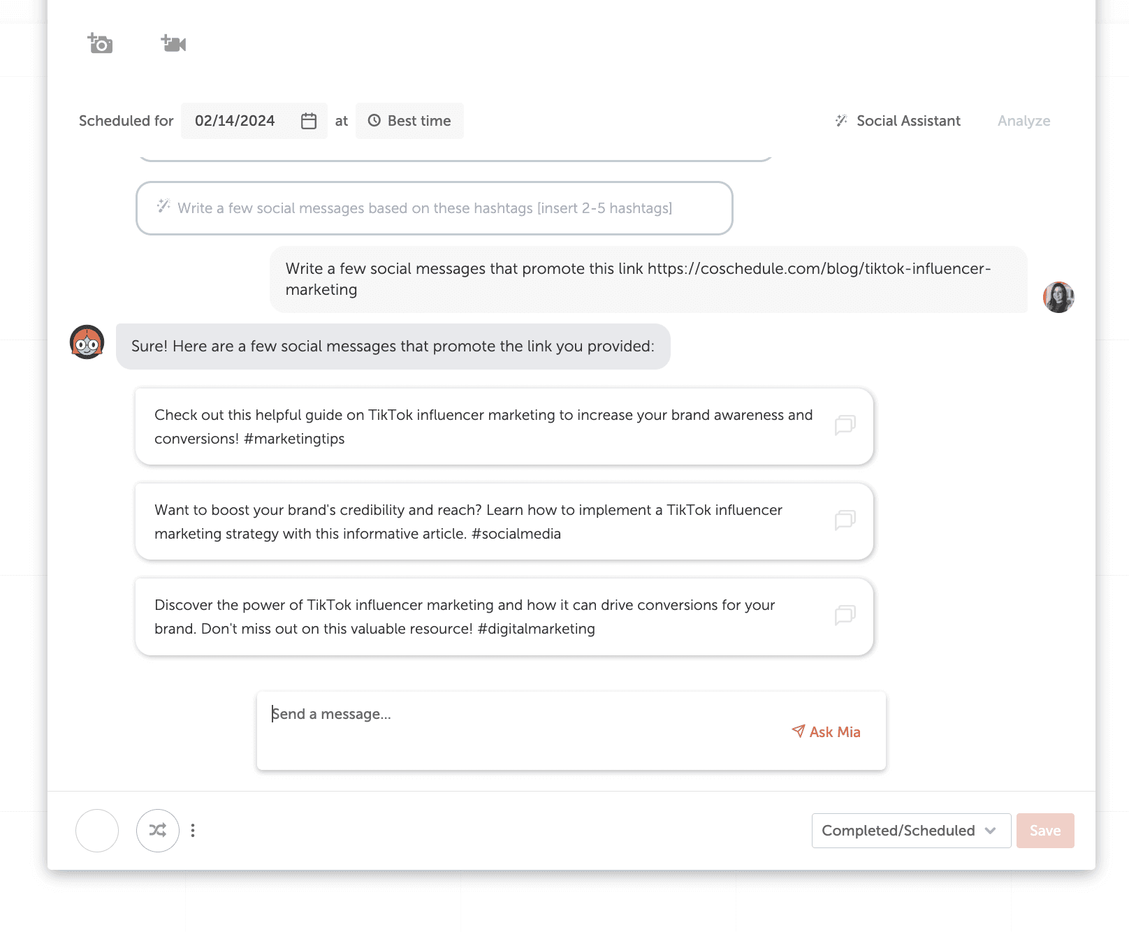 CoSchedule's Social Assistant replying to a prompt asking for social messages