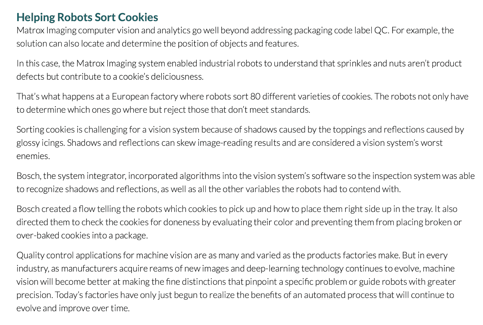 Reducing error with AI article - Bosch created a flow telling robots which cookies to pick up and how to place them right side up in the tray