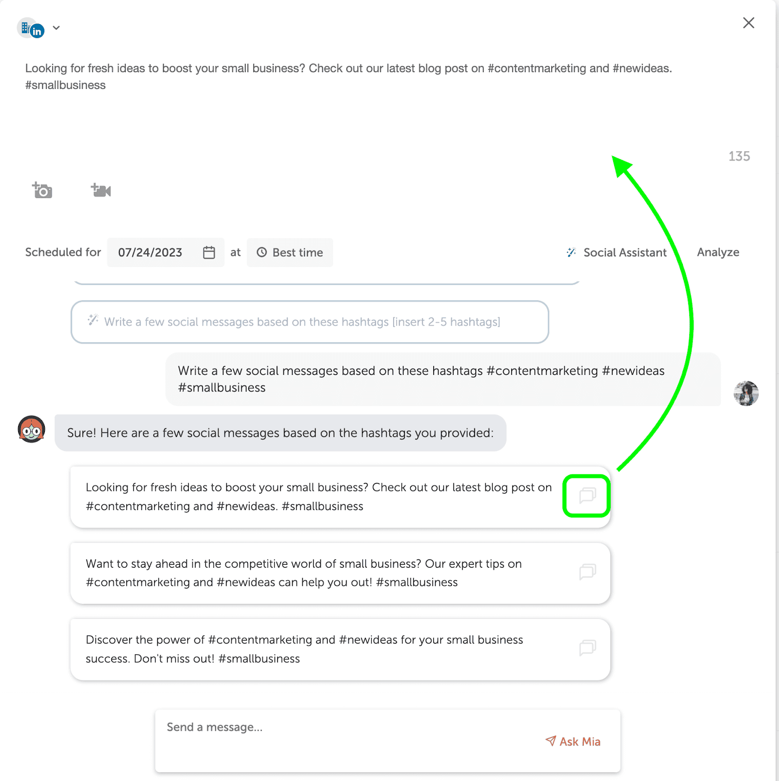 Prompt given to AI to write social messages based on hashtags - three responses given