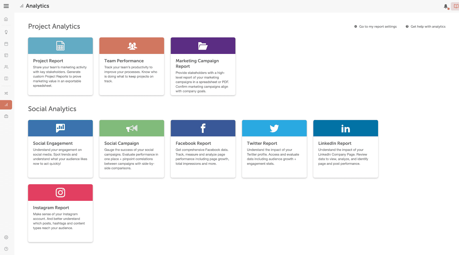 CoSchedule analytics divided by project analytics and social analytics