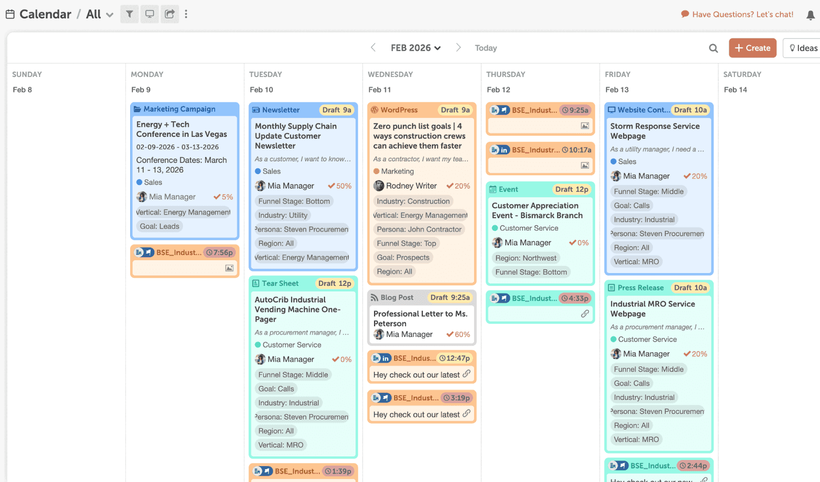 Weekly view of marketing calendar