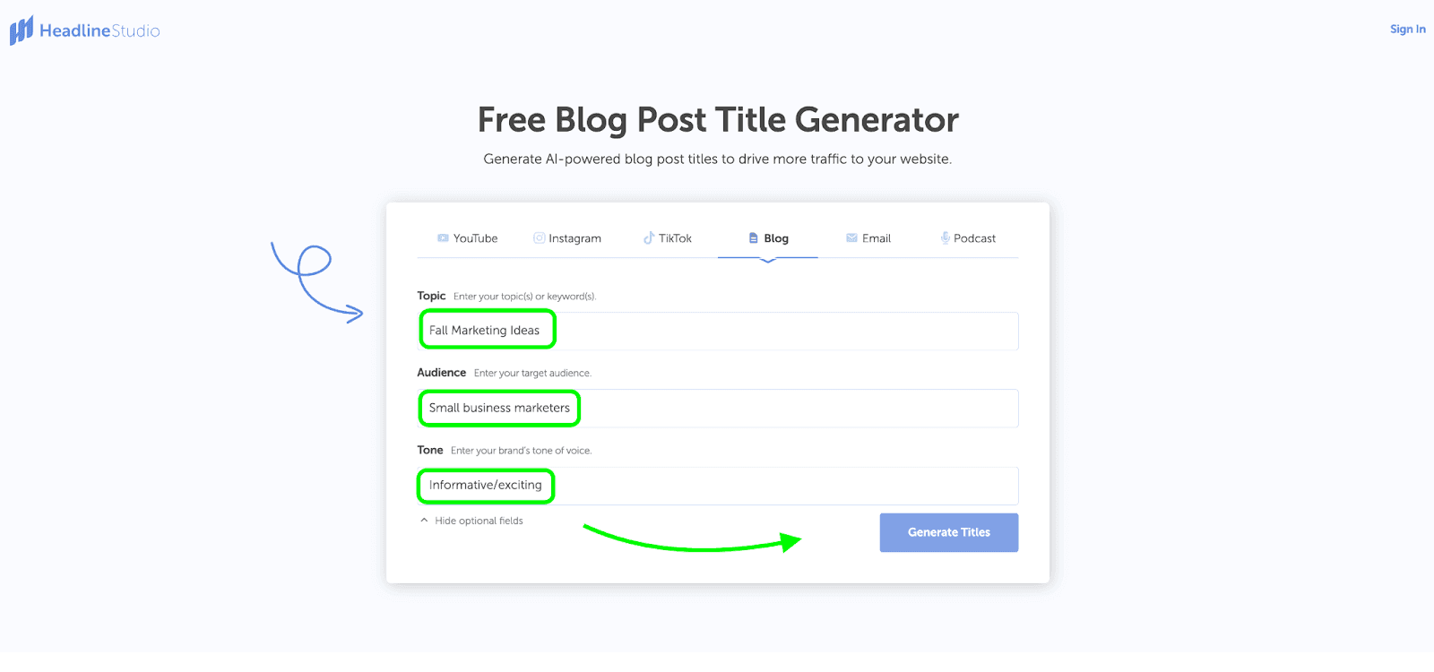 CoSchedule's free blog post title generator with three fields - topic, audience, and tone