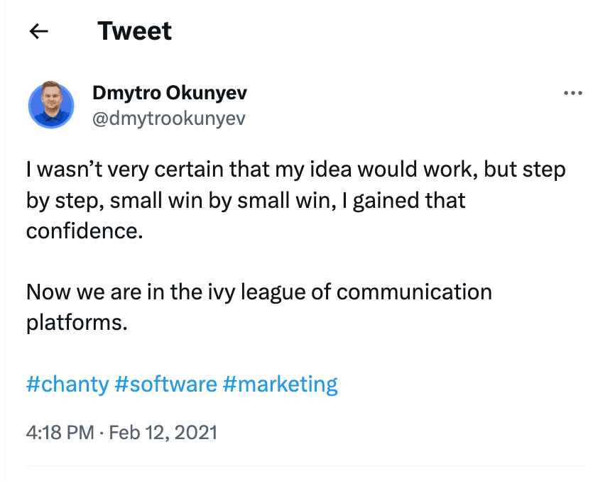 Dmytro Okunyev tweet - "I wasn't very certain that my idea would work, but step by step, I gained that confidence"