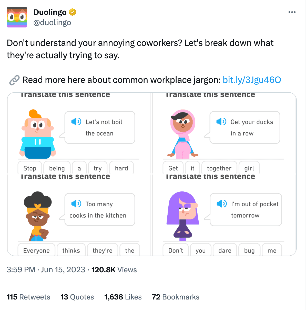 Duolingo tweet- Don't understand your annoying coworkers? Let's break down what they're trying to say- read more about common workplace jargon