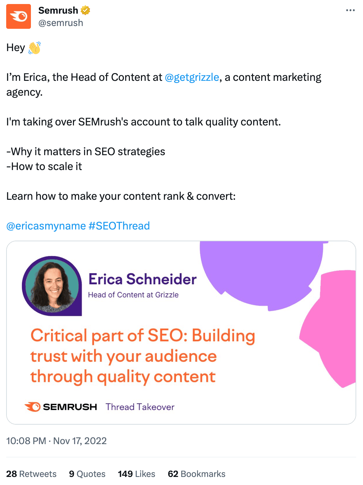 SEMrush tweet - Erica Schneider twitter takeover to talk about quality content