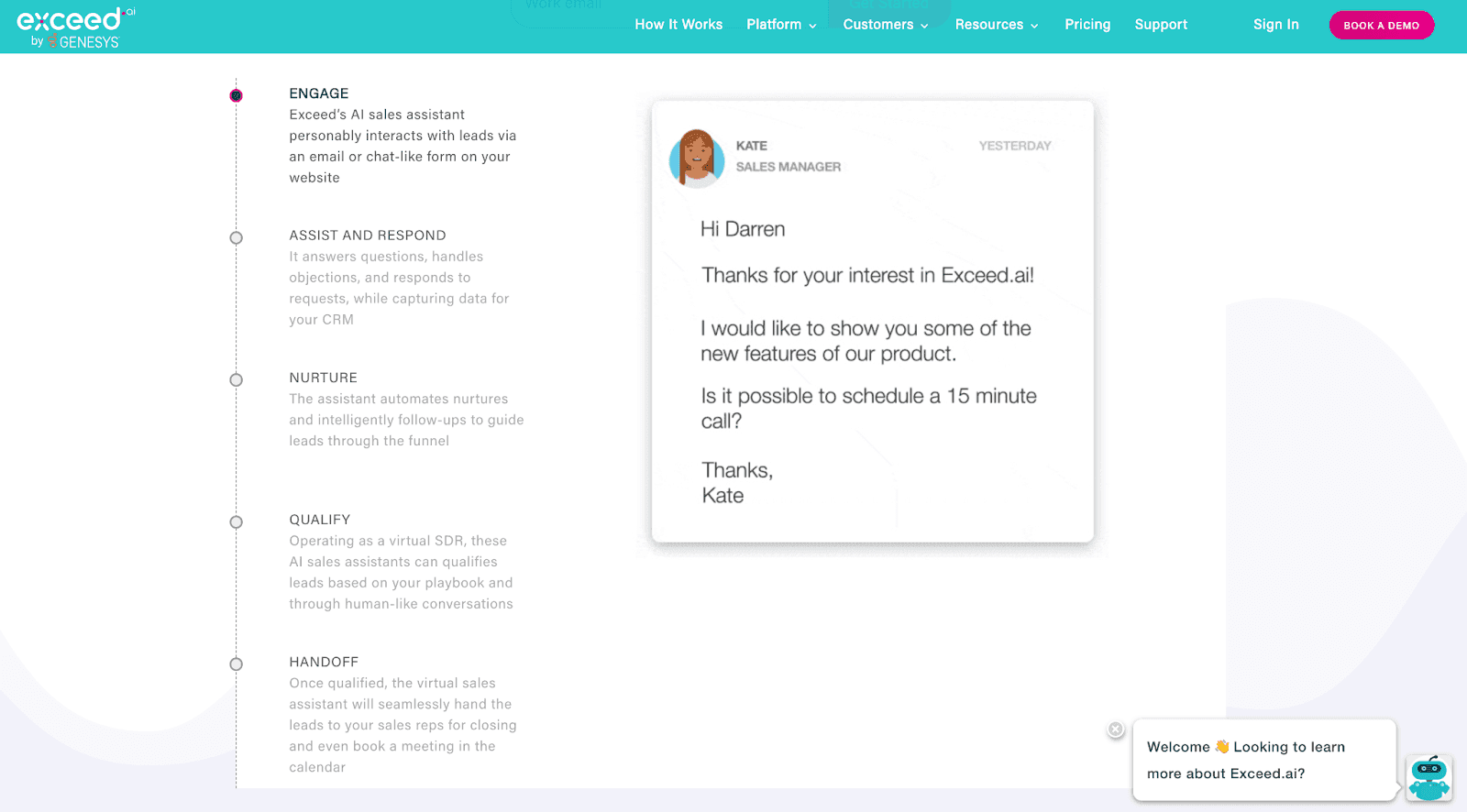 Exceed.ai website - AI sales assistant demo