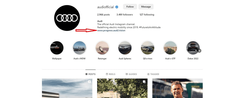 Audi Instagram marketing with a link to their website in their bio 