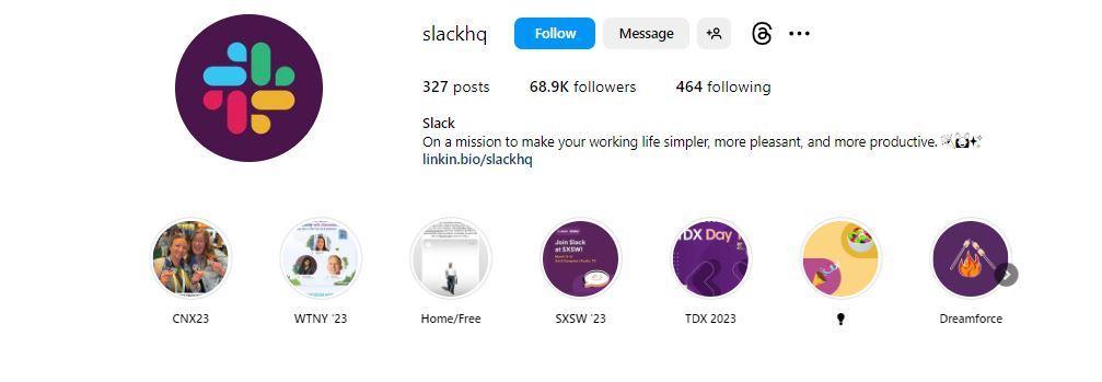 Slack's Instagram page with link in bio