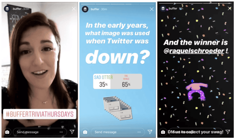 Three examples of Instagram stories, one with hashtag, one with poll, and one with a giveaway winner announcement