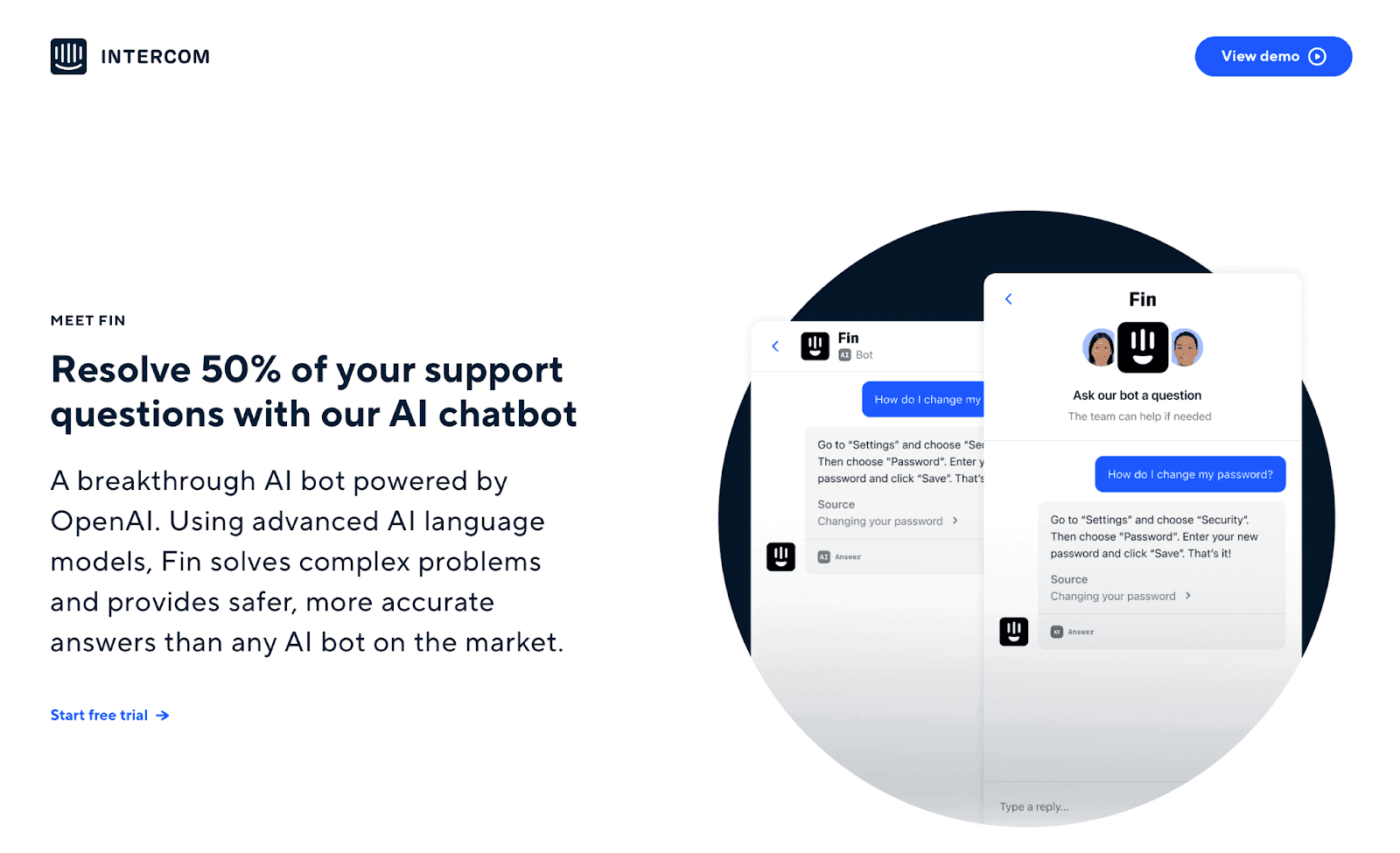Intercom website - Resolve 50% of your support questions with our AI chatbot