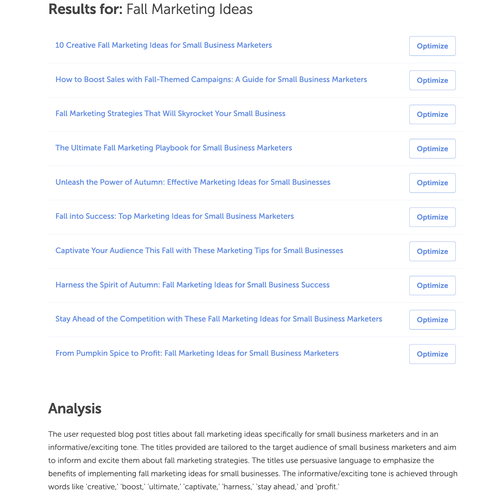 Title results for "Fall Marketing Ideas" with analysis at the bottom