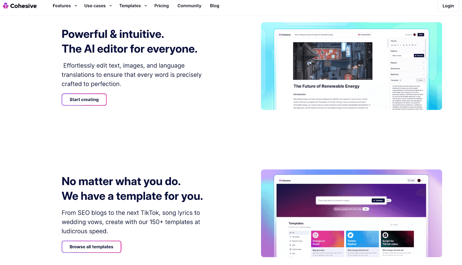 Cohesive website landing page