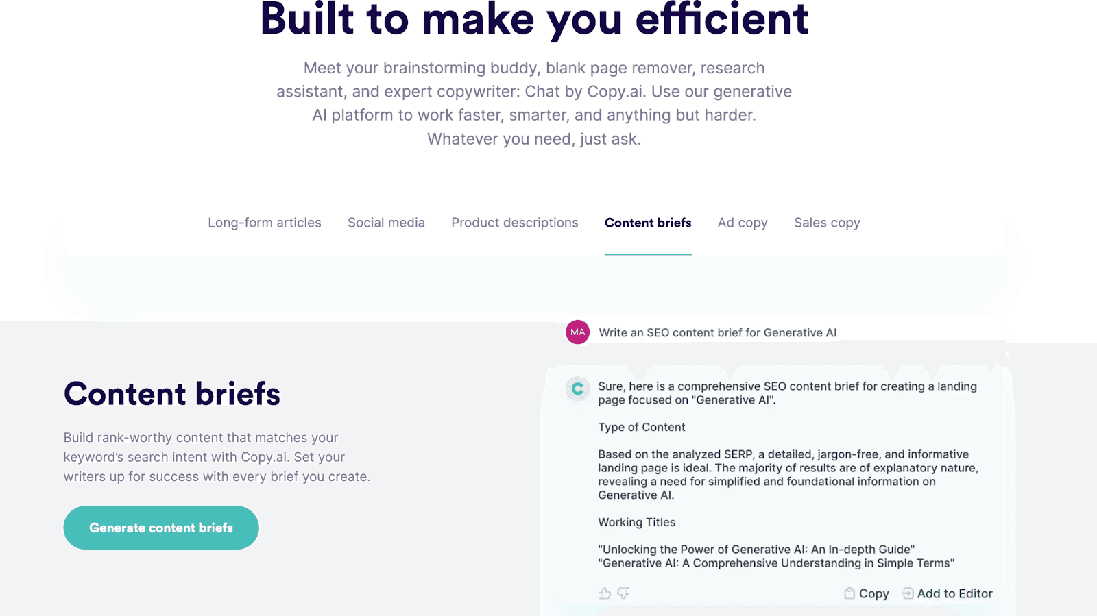 Copy.ai website - Built to make you efficient