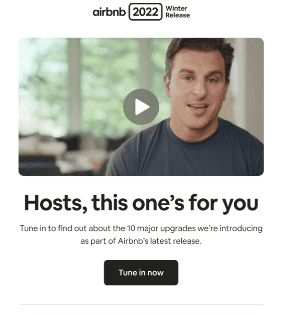 Airbnb email for hosts prompting them to watch video to see 10 upgrades to Airbnb's latest release