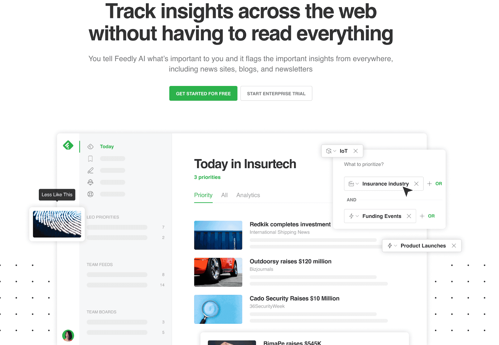 Feedly website with header "Track insights across the web without having to read everything"