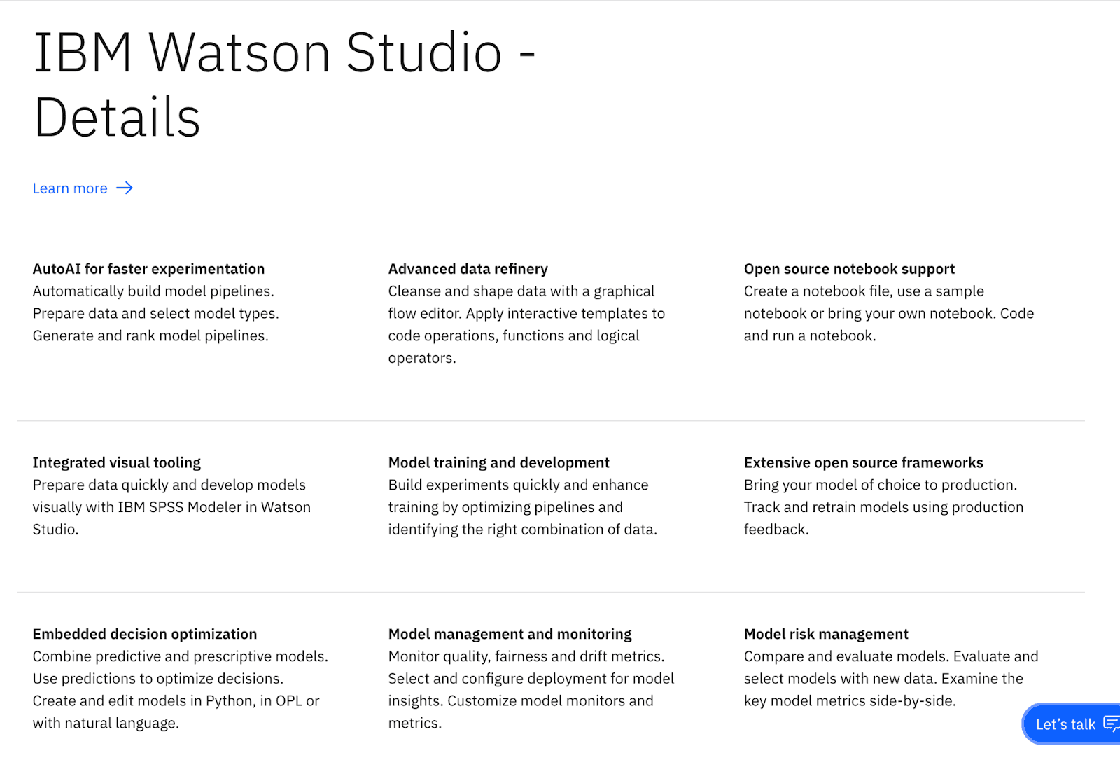 IBM Watson Studio details webpage