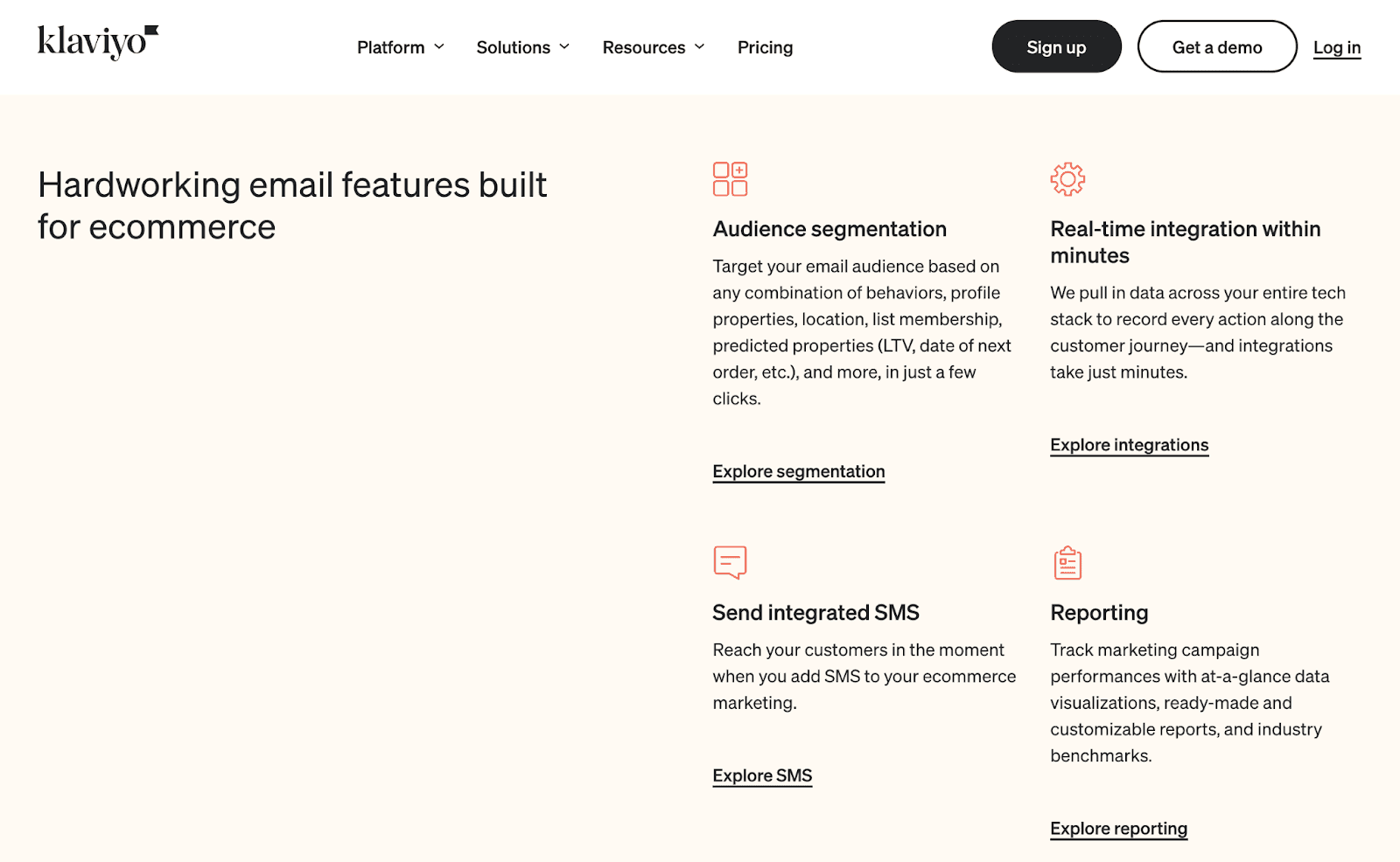 Klaviyo website with features listed: audience segmentation, real-time integration within minutes, send integrated SMS, reporting